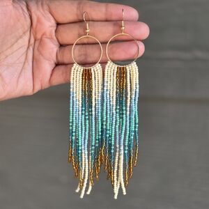 Cream Geo Fringe Boho Beaded Earrings Handmade Boheme Jewelry